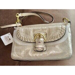 COACH Poppy Metallic Leather Whipstitch Gold Buckle Wristlet Mini Bag